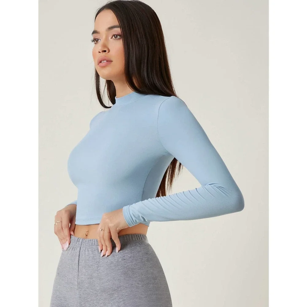 Long sleeve Mock Neck Solid Crop Tee shirt black - Picture 7 of 11